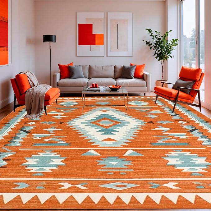 Flatwoven High Traffic Area Rug 6x9, Sunset Canyon Burnt Orange Tribal Diamond Rug, Non Slip, Stain Resistant, Washable Area Rugs for Living Room, Bedroom (Orange, 6x9)