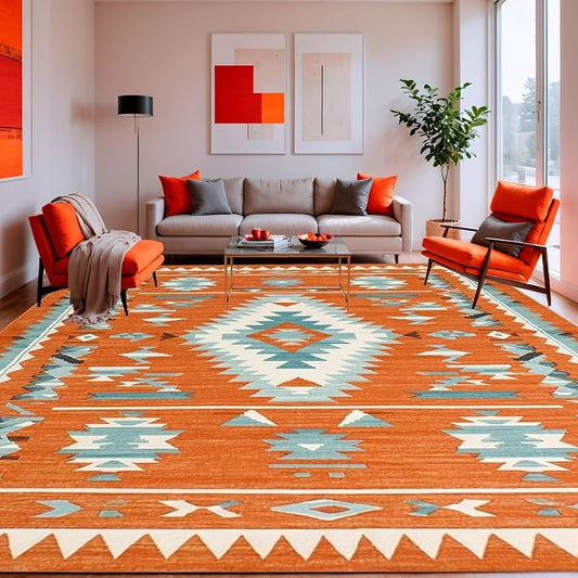 Flatwoven High Traffic Area Rug 6x9, Sunset Canyon Burnt Orange Tribal Diamond Rug, Non Slip, Stain Resistant, Washable Area Rugs for Living Room, Bedroom (Orange, 6x9)