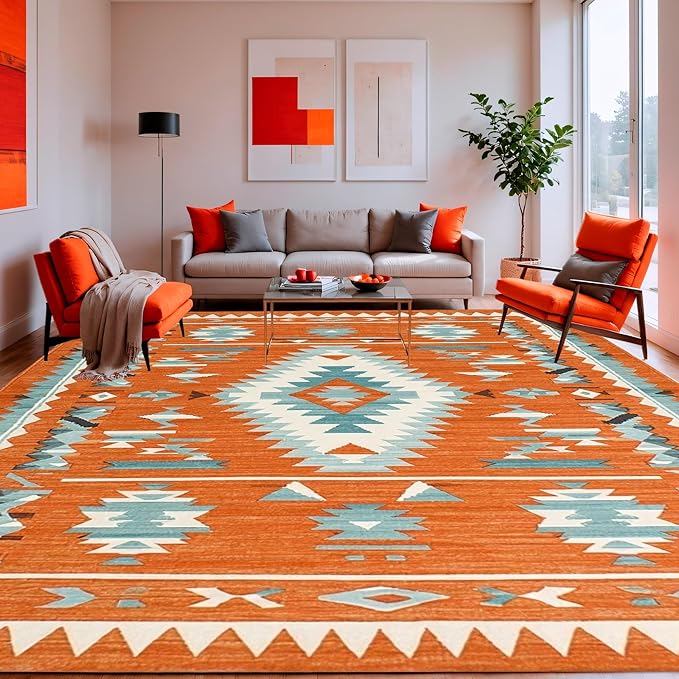 Flatwoven High Traffic Area Rug 4x6, Sunset Canyon Burnt Orange Tribal Diamond Rug, Non Slip, Stain Resistant, Washable Area Rugs for Living Room, Bedroom (Orange, 4x6)