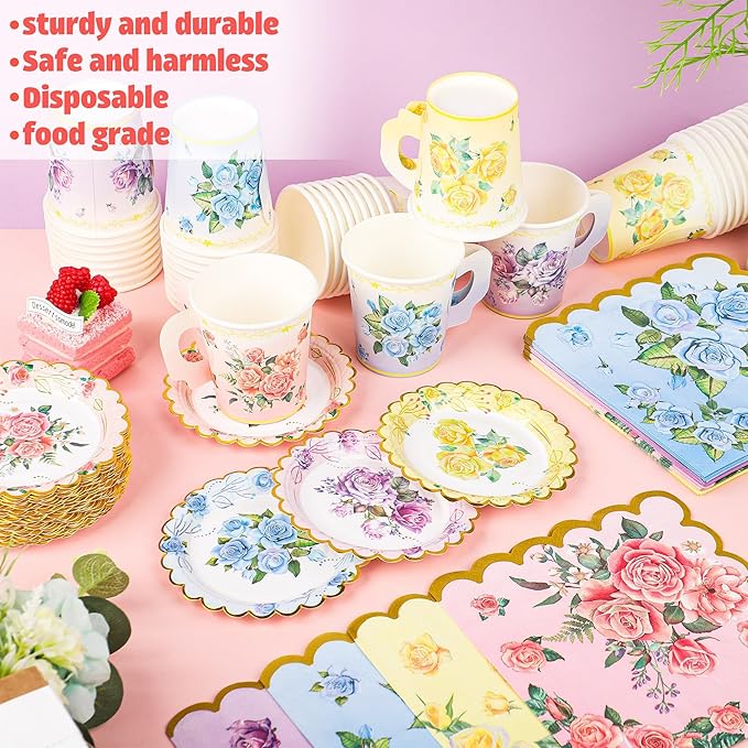 40 Set Floral Tea Cups and Saucers Disposable Tea Party Supplies Colorful Flower Teacups with Handle and Paper Napkins Dinnerware Set for Floral Theme Tea Party Birthday Wedding Bridal Shower Supply