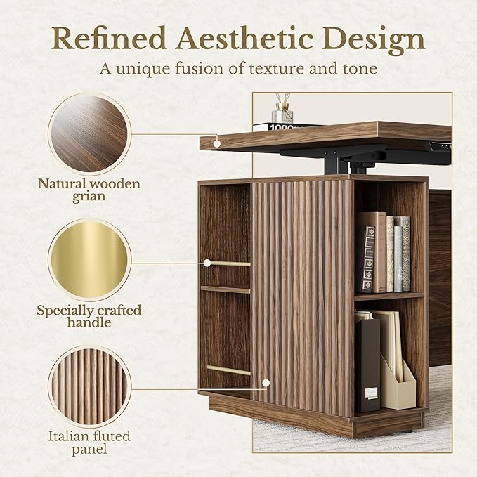 70" Standing Desk with Storage, Executive Electric Height Adjustable Stand Up Desk with AC/USB, Privacy Panel, Large One-Piece Destop, Fluted Computer Desk, Black Walnut