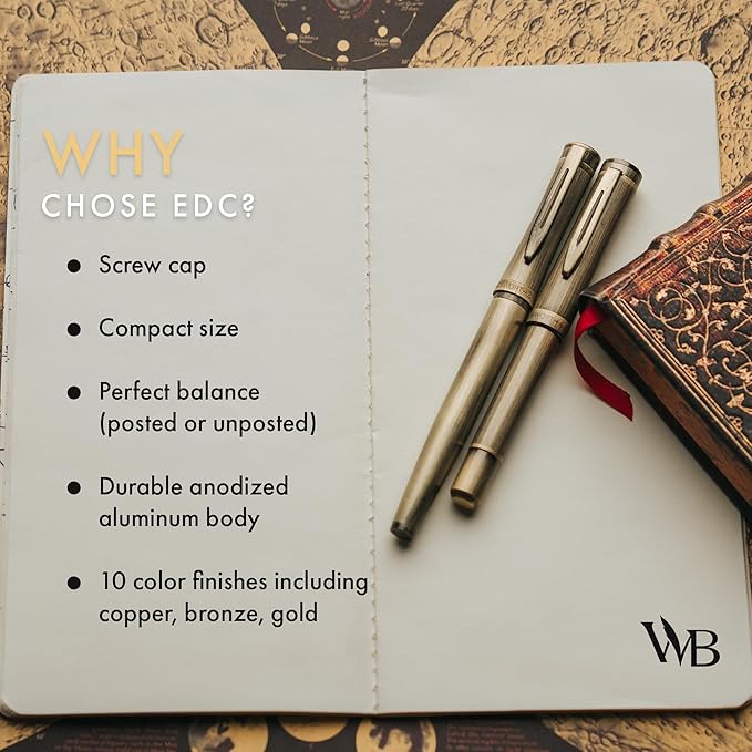 Wordsworth and Black Fountain Pen Mini EDC: Luxury Bronze Heavy Pocket Pen, Medium Nib, 6 Ink Cartridges, Ink Converter, Travel Refillable Writing Pen Gift Set, Men & Women