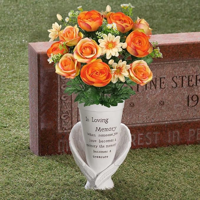 Hollyone Set of 2 Artificial Cemetery Flower for Graves Orange Cemetery Memorial Flowers for Outdoor Grave Decorations Silk Flower Arrangements Rose Ranunculus Gerbera Floral Flowers Bouquets
