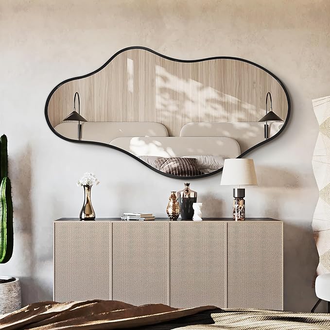 Dorlicecass Bathroom Mirrors for Over Sink - Long Wall Mirrors Decorative 24"x 43" Asymmetrical Abstract Aviation Aluminum Alloy Frame Unique for Bedroom, Living Room, Cloakroom, Entryway Black