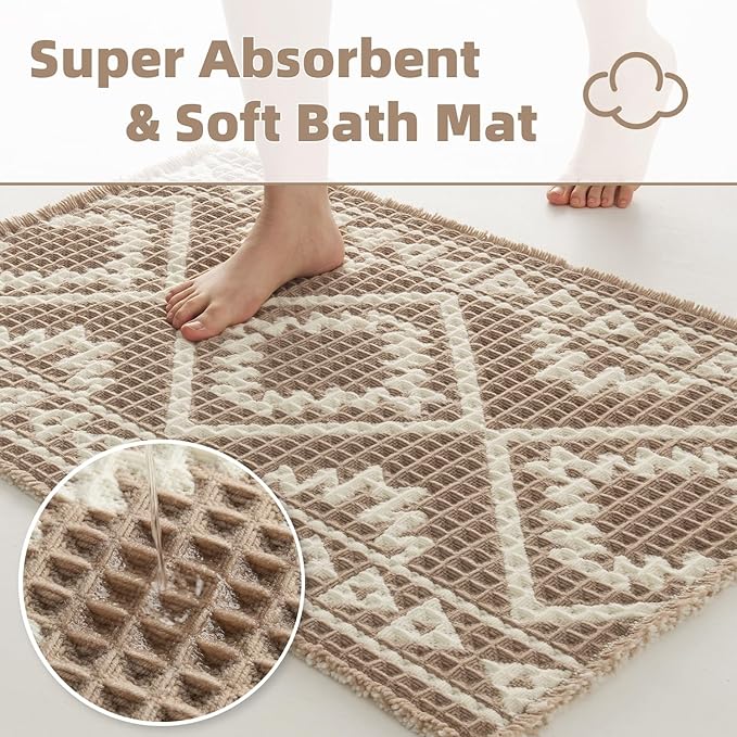 PADOOR-Waffle Bath Mat-Super Absorbent Bath Mats for Bathroom, Machine Washable Non Slip Bathroom Rug with Tassels, Soft Bathroom Mat for Laundry Room, Bedroom, Brown & Cream, 17"x28"