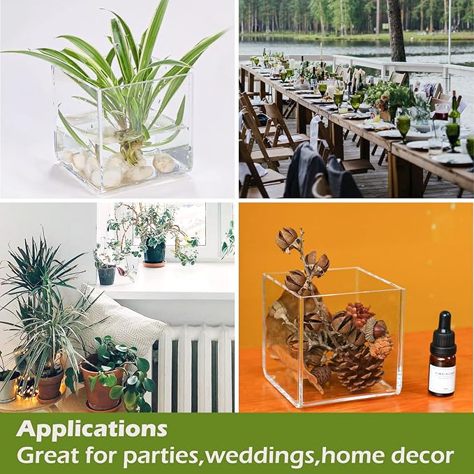 Kamehame Clear Vase 2 Pcs Acrylic Vase, 4''x4''x4'' Succulent Pots Planters, Square Cube Vases for Centerpieces, Flower Vase for Home Office Wedding Floral Decor, KA22001