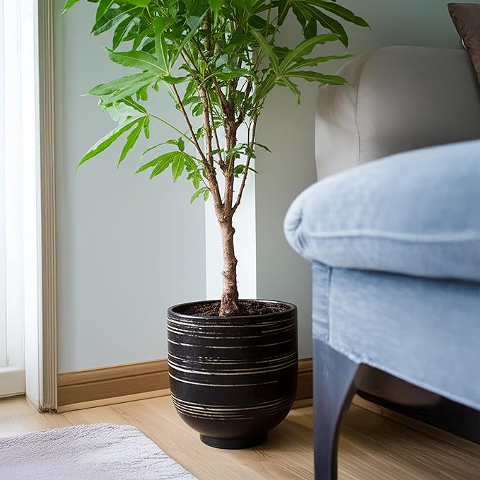 HERDUK Large Black Ceramic Planter for Indoor Trees, Modern Indoor Floor Planter Pot for Olive Trees & Faux Olive Trees, Pottery Planter with Drainage for Real Plants