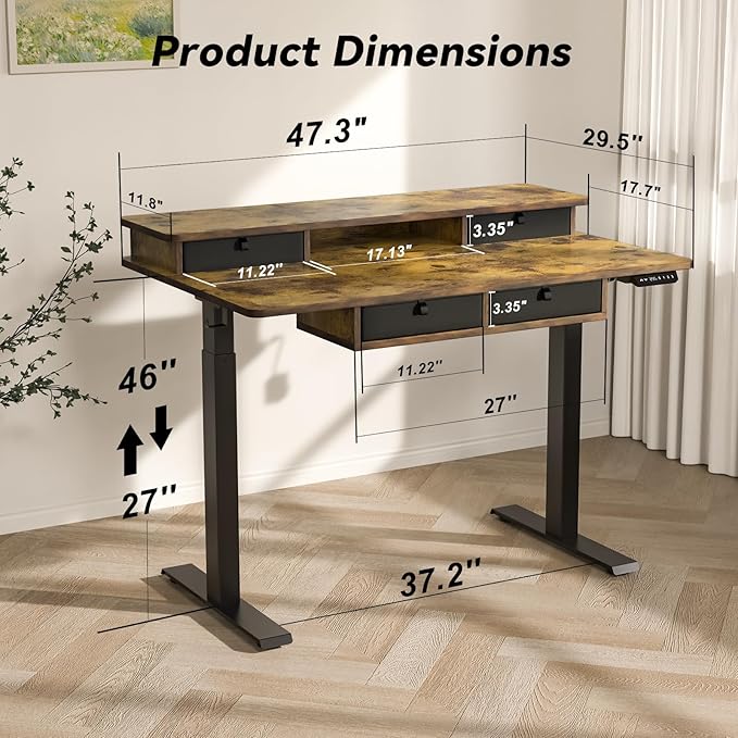 FiCiHi Adjustable Height Standing Desk with 4 Drawers,48 x 30 inches Electric Sit Stand Home Office Desk with Two Tiers, 3 Memory Presets, Monitor Stand Riser, USB A/C Charging Port