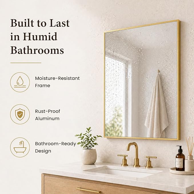 24x36 Inch Brushed Gold Bathroom Mirrors Set of 2, Tempered Glass Rectangular Wall Mirror, Rustproof Metal Frame Double Vanity Mirrors for Over Sink, Entryway, Flush Mount