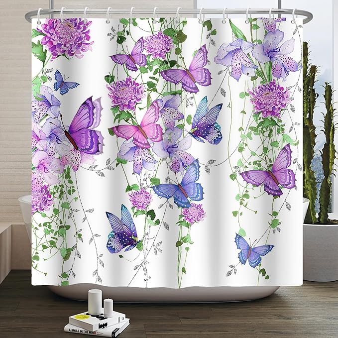 Violet Butterfly Floral Shower Curtain Spring Lavender Shower Curtain Lilac Pink Floral Bathroom Decor Waterproof Polyester Fabric with 10 Hooks,60x72 Inches