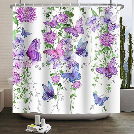 Violet Butterfly Floral Shower Curtain Spring Lavender Shower Curtain Lilac Pink Floral Bathroom Decor Waterproof Polyester Fabric with 12 Hooks,72x108 Inches