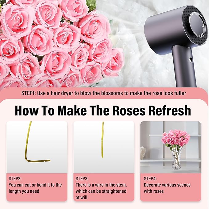 20PCS Artificial Roses with Long Stems - Realistic Silk Flowers, Fake Roses Real Touch Bouquet of Roses for Home Decor, Bridal Wedding Party Table Centerpieces, Bulk Faux Rose Flowers (Pink)