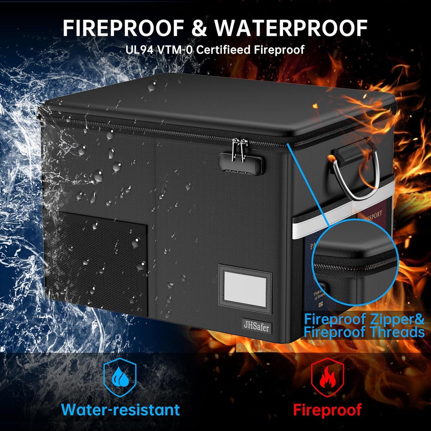 Skiennix Fireproof Document Box - Waterproof File Organizer with Lock & Handle | Portable Black Filing Cabinet