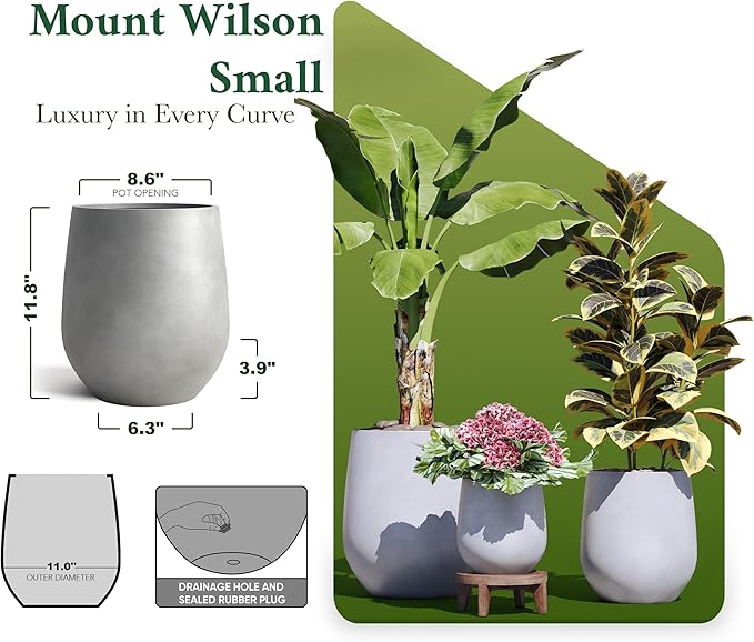 DTY Signature Mount Wilson Modern Indoor Outdoor Fiberstone Tapered Planter, Lightweight, Weather Resistant Garden Pot with Drainage Hole & Rubber Plug, Planter for Christmas Decor - Gray, Small