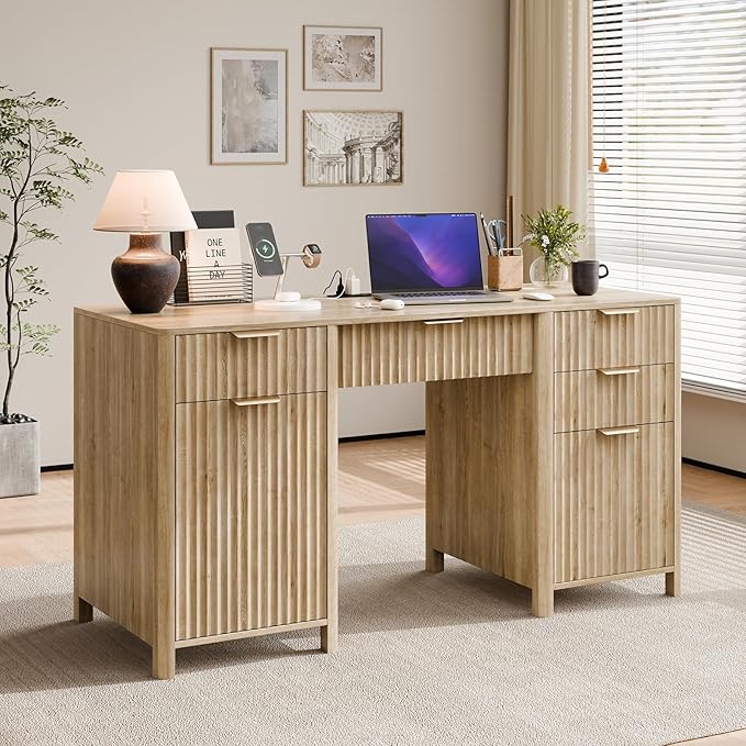 58" Fluted Home Office Desks with Storage, Modern Executive Desk Computer Desks with 5 Drawers & Cabinet, Wood Work Desk File Drawer for Office, Bedroom, Study, Living Room, Oak
