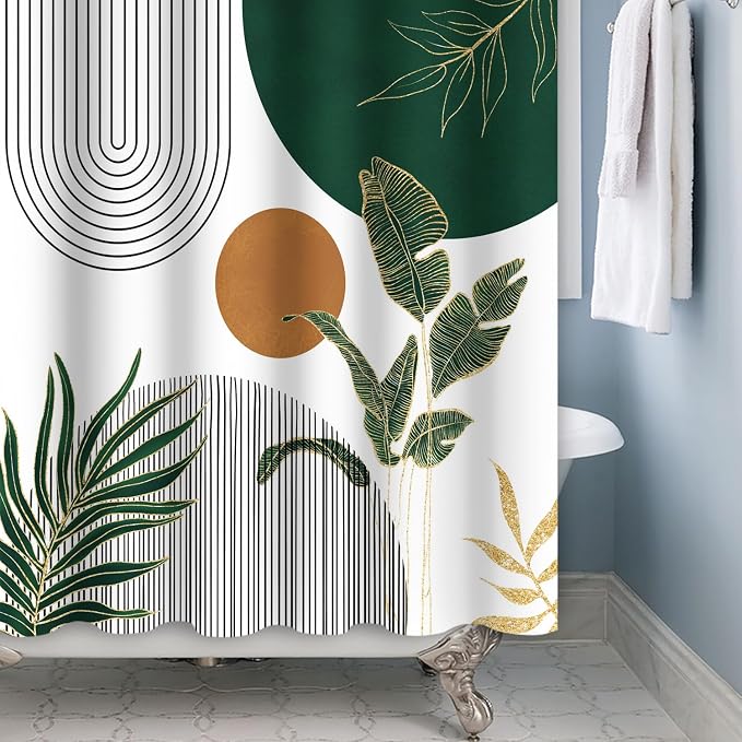 Mid Century Boho Modern Shower Curtain for Bathroom Abstract Sun Arch Geometric Leaves Minimalist Shower Curtain Set Waterproof Polyester Fabric 60x72 Inches