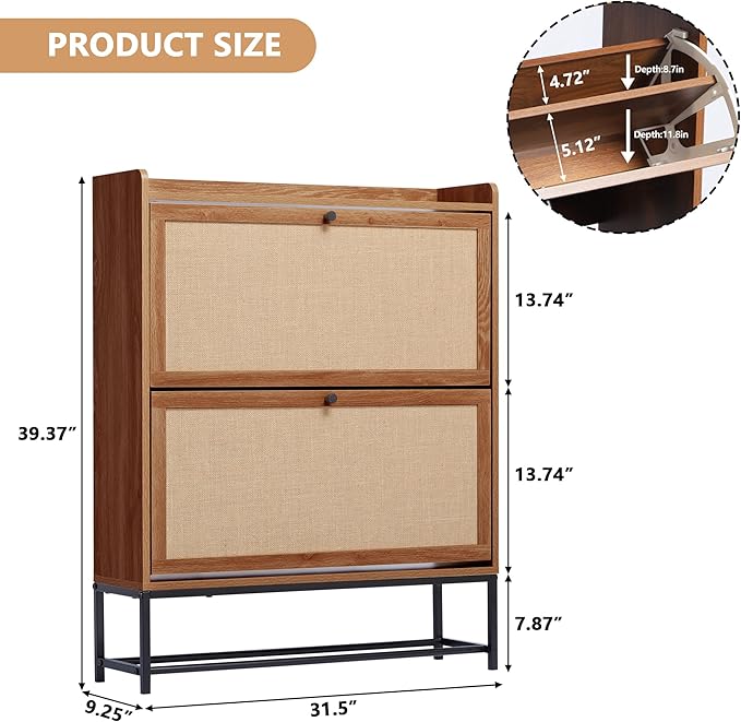 LEVNARY Shoe Cabinet Set of 2, Wooden Narrow Shoe Racks Cabinet Storage with 2 Flip Drawers, Hidden Freestanding Shoe Organizer for Hallway, Entryway, Home (2, Walnut)