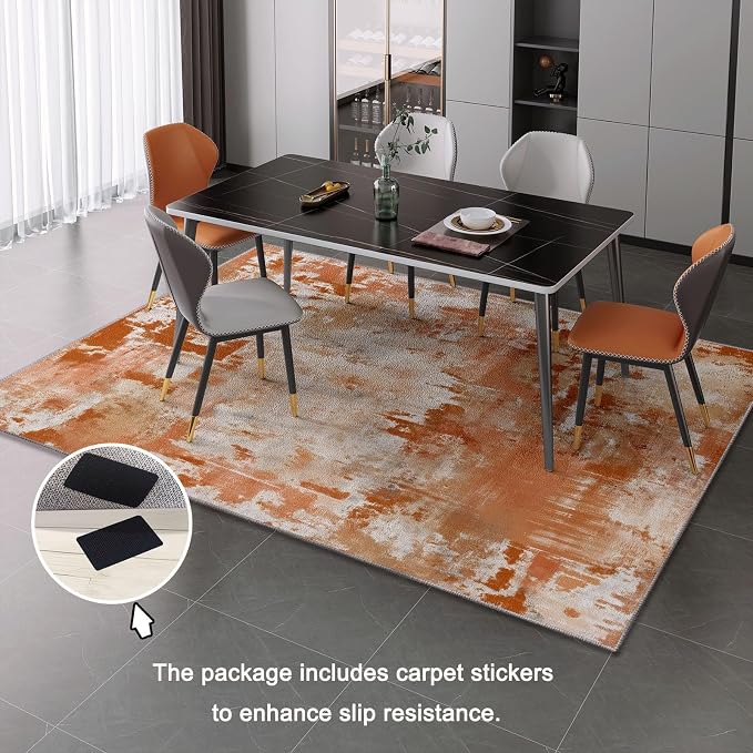 3x4 Washable Area Rug, Orange Color Retro Distressed Textured Design Non Slip Non-Shedding Rug Easy Care for Living Room Bedroom Kitchen Office Carpet