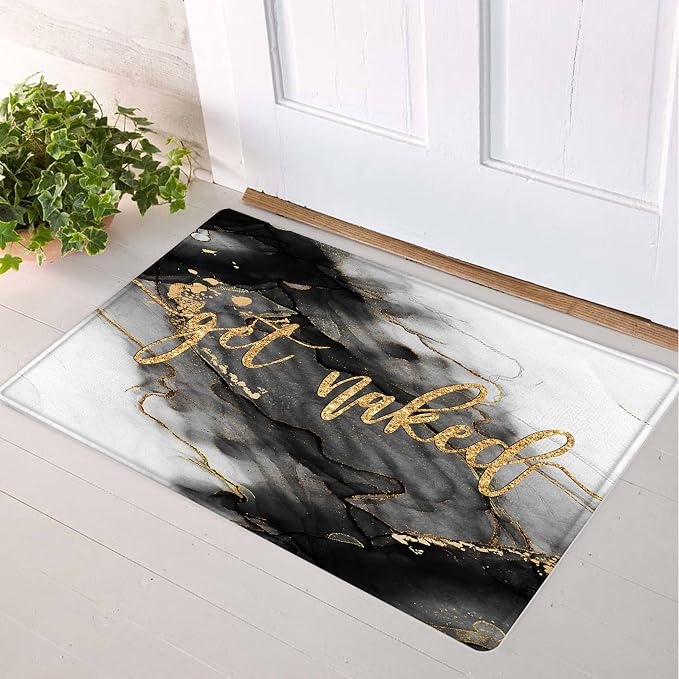 LB Black and Gold Marble Bathroom Rug Funny Quote Get Naked Non Slip Bath Mat Abstract Geometric Art Doormat Memory Foam Super Absorbent Floor Mats,31.5x19.6 Inch