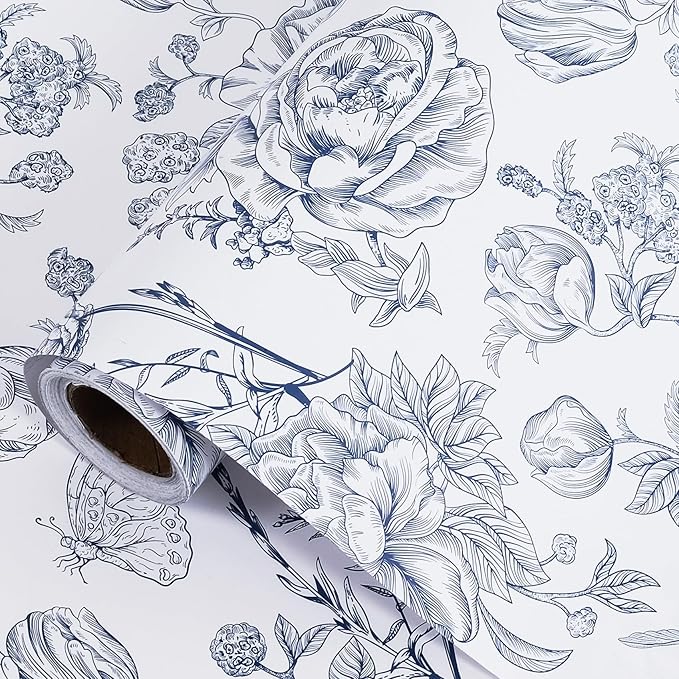 RayofSun Blue Floral Wrapping Paper Roll 17 in x 32ft Mini Roll Vintage Toile Flower Gift Wrap Paper for All Occasion Wedding Birthday Bridal Shower Party Baby Shower Christmas
