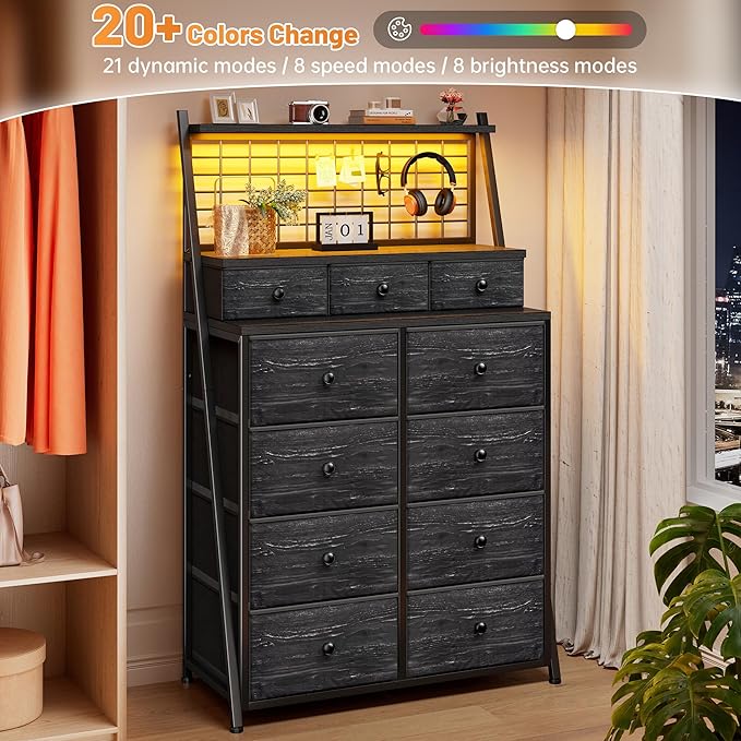 51" H Dresser for Bedroom with LED, 11 Drawer Dresser with Wire Grid Panels & Open Shelves for Entryway, Dorm, Black, 11.8" D x 33.9" W x 51.2" H