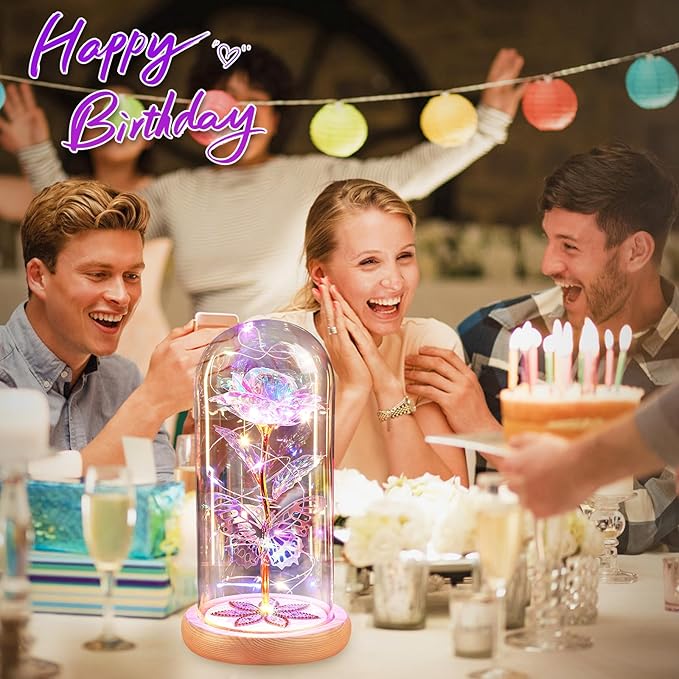 Beferr Christmas Birthday Gifts for Women, Mom Gifts for Christmas Galaxy Glass Rose Forever Preserved Flowers for Delivery Prime Rose in Glass Dome Xmas Gifts for Grandma Wife Sister Her, Rainbow