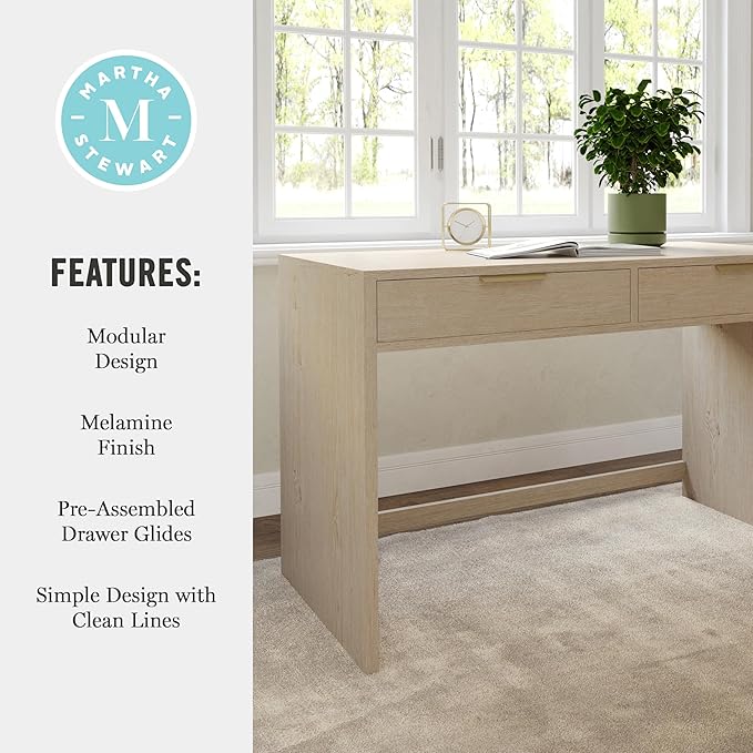 Martha Stewart Kayden Home Office Modular Desk with 2 Drawers in Light Natural with Brushed Gold Hardware