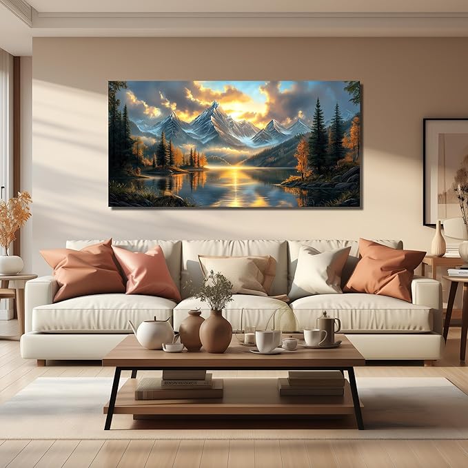 JuhaiArt Large Mountain Lake Wall Art Gold Picture Nature Artwork Landscape Canvas Decor for Living Room Bedroom Office Scenery Art 29" x 59"