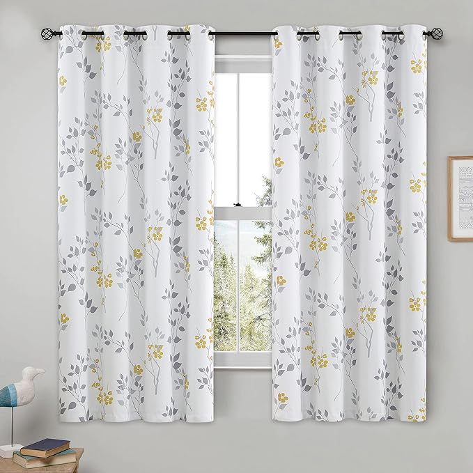 Beauoop Floral 100% Blackout Curtains 63 Inch Length 2 Panels for Bedroom Living Room Yellow Grey and White Flower Patterned Room Darkening Thermal Soundproof Grommet Window Treatments Drapes, 52X63