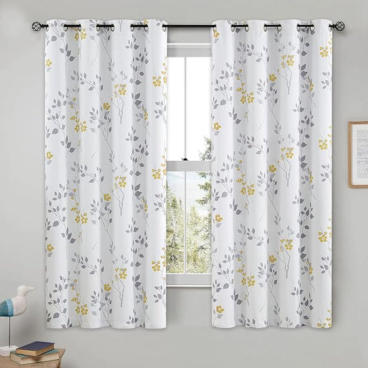 Beauoop Floral 100% Blackout Curtains 63 Inch Length 2 Panels for Bedroom Living Room Yellow Grey and White Flower Patterned Room Darkening Thermal Soundproof Grommet Window Treatments Drapes, 52X63