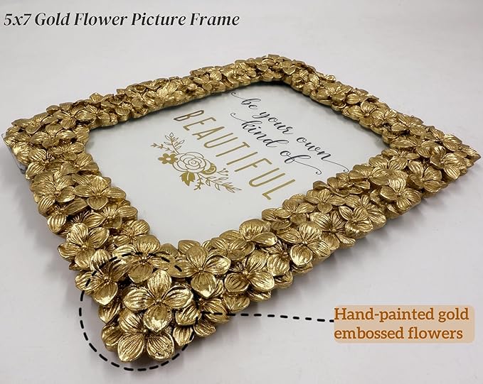 5x7 Ornate Picture Frame Embossed Flower Art Deco Photo Frames 5 x 7 Floral for Wall and Tabletop Display with Glass Retro Home Decor(Gold)