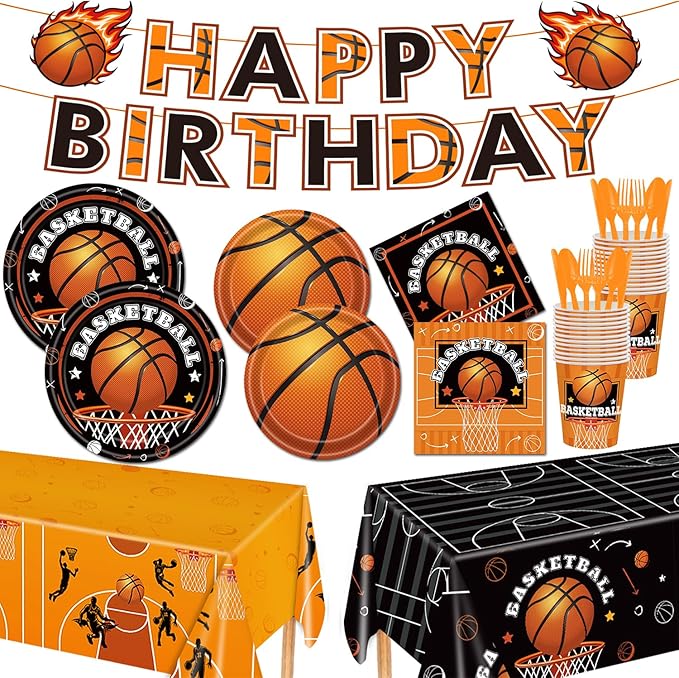 123 PCS Basketball Party Decorations, Disposable Tableware with Plates Cups Napkins Banner Tablecloth for Thanksgiving Christmas Basketball Birthday Party Decor Supplies, Serves 24 Guest