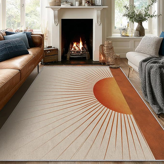 Retro Sunburst Area Rug, Mid Century Sun Pattern Carpet, Washable Non Slip Low Pile Soft Thin, Living Room Bedroom Home Decor Mat 6x9ft