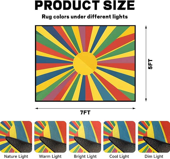 Rainbow Sunburst Area Rug Colorful Geometric Sun Carpet Soft Non-Slip Washable Floor Mat for Bedroom Living Room Nursery Playroom Classroom Home Decor,5'x7'