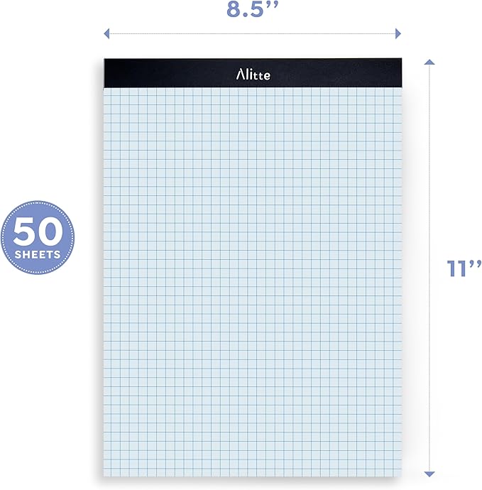 Alitte Graph Paper Pad, Pack of 1, White Letter Size - 4x4 Quad Grid Paper, Easy-Tear Perforations, 8.5 x 11 Cardboard Backing - Graph Notepads for School, Office -50 Sheets per Pad