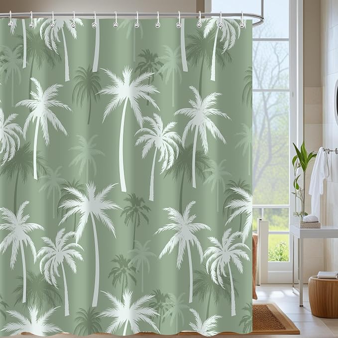 Tropical Palm Tree Shower Curtain, Summer Hawaii Coconut Tree Sage Green Bathroom Curtain Decor, Polyester Waterproof Bath Curtian Accessory Set 12 Hooks 72x72 inch