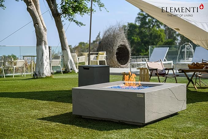 Elementi+ | Bundle Capertee Gas Fire Pit Cast Concrete 40" Square Fire Table, Outdoor Fire Pit Electronic Ignition | Canvas Cover, Fire Glass and Burner Lid Included | Light Gray | Natural Gas