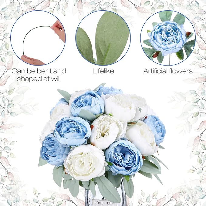Zeyune 50Pcs Wedding Artificial Peonies 4 Inch Fake Silk Peony Faux Artificial Valentine Flower Bulk Rose Flower Head for Valentine Decoration Vintage Wedding Home Office(Blue and White)