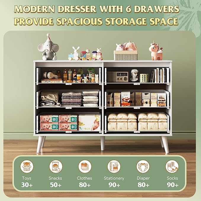 WLIVE 6 Drawer Dresser for Bedroom, 47.24'' Wide Wooden White Dresser, Storage Organizer with Sturdy Metal Handle, TV Stand for 55 inch TV, Chest of Drawers for Living Room, Hallway, Closet