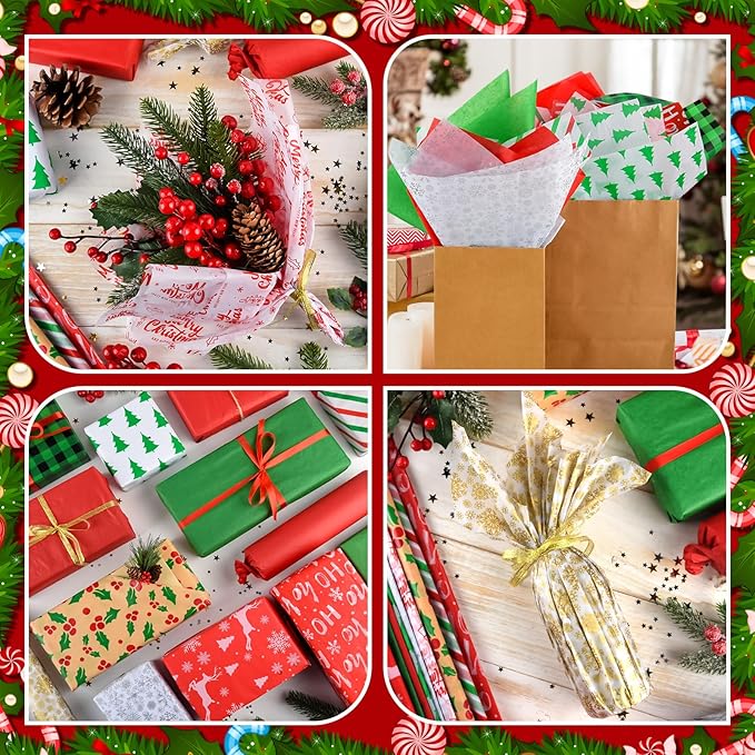 NEBURORA 120 Sheets Christmas Tissue Paper 20 x 14 Inch Xmas Wrapping Tissue Paper for Merry Christmas Holiday Party Decorations Gift Bags DIY Crafts