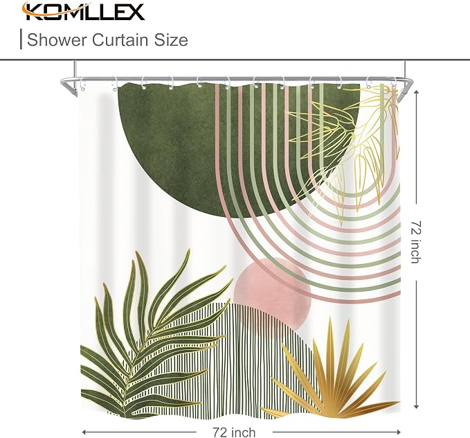 KOMLLEX Mid Century Sage Green Pink Boho Shower Curtain 72Wx72L Inches Abstract Modern Shower Curtains for Bathroom Plant Botanical Minimalist Arch Sun Fabric Liner Waterproof Polyester 12 Pack Hooks