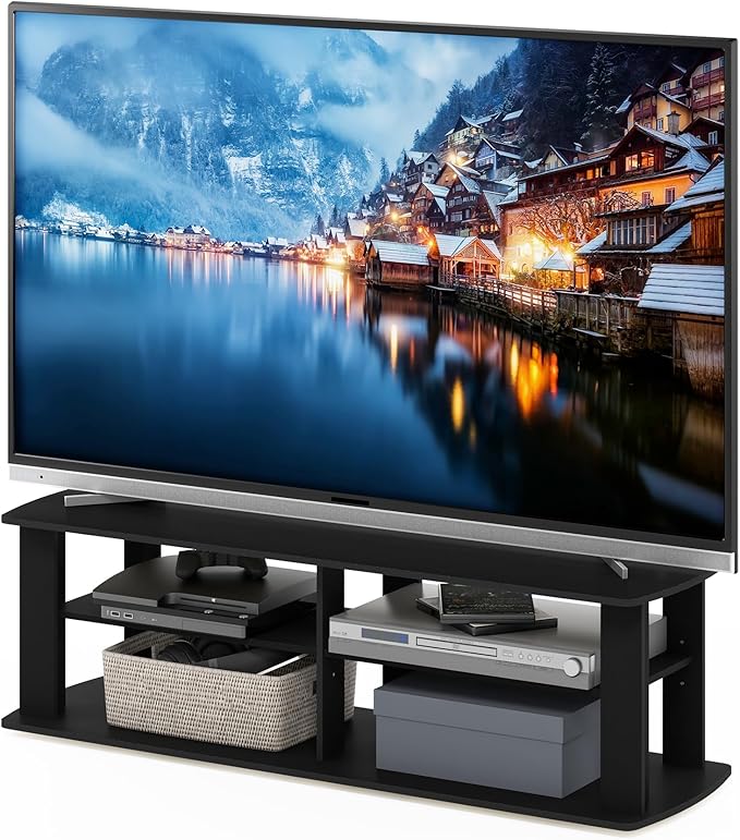 Furinno NELLY TV Stand, 3-Tier Entertainment Center with Open Shelves Storage, TV Console for TV up to 50 Inch, Soft Edges, for Living Room, Bedroom, Black