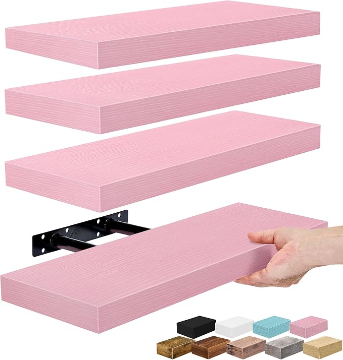 Sorbus Floating Shelves for Wall – 16 Inch Floating Shelf for Kitchen, Bedroom, Living Room, Bathroom, Home & Wall Decor - Mounted Bathroom Shelves with Invisible Brackets (Soft Pink, 4 Pack)