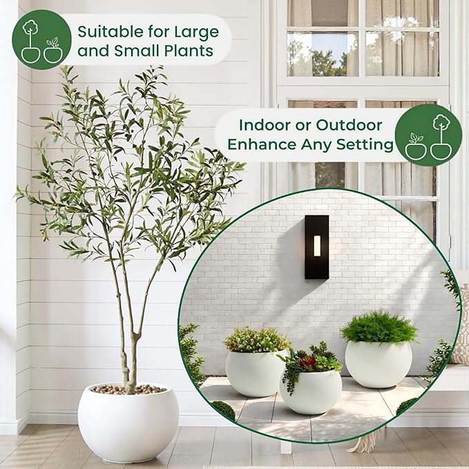 Fiberstone Sphere Planter, 19.3" Dia x 13" H Large Flower Pot with Drainage Hole and Silicone Plug, Round Plant Container for Indoor or Outdoor, 15" Opening, Large White