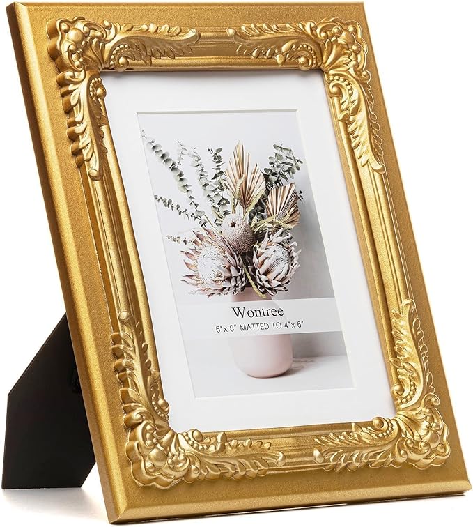 6x8 Gold Picture Frame with Baroque Flower Trim, Solid Wood with Real Glass, Display 6x8 Photos Matted to 4x6, Vertical and Horizontal Desk Tabletop or Wall Hanging，Ornate Vintage Style