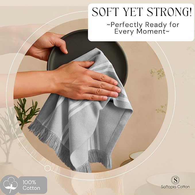 Prewashed Stripe Kitchen Towels 12 Pack, 100% Cotton Tea Towels, 16"x26" Quick Dry Dish Cloths for Drying, Reusable Wash Cloths for Cleaning, Absorbent and Washable - Light Grey