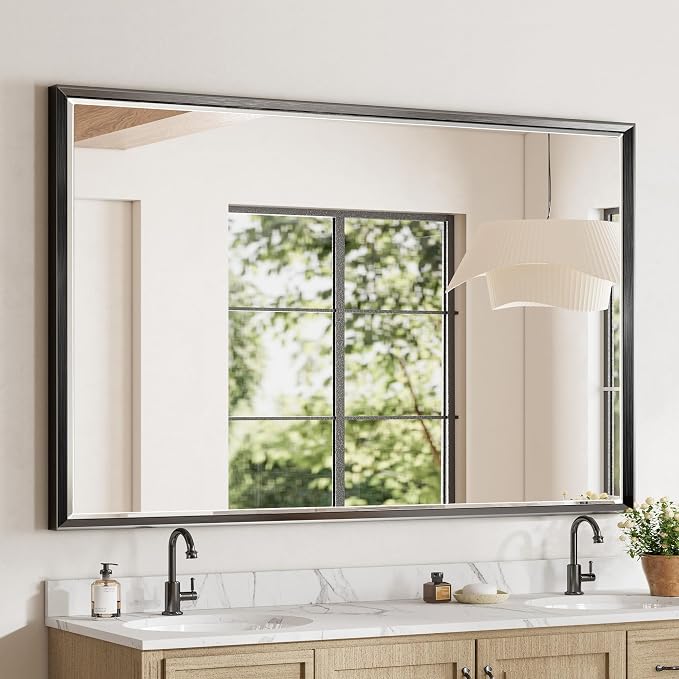48 x 30 Black Framed Mirror for Bathroom, Beveled Black Bathroom Vanity Mirror Anti-Rust, Shatterproof Matte Black Rectangle Metal Frame Mirror, Vertical/Horizontal Large Wall-Mounted Mirrors