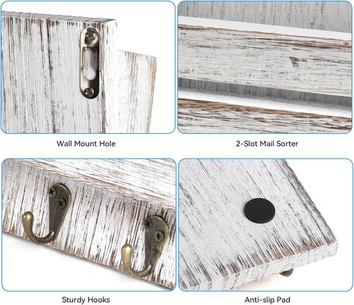 Rustic Wooden Mail Organizer by [Brand Name] - 4 Key Hooks & 2-Slot Wall File Holder for Home Decor