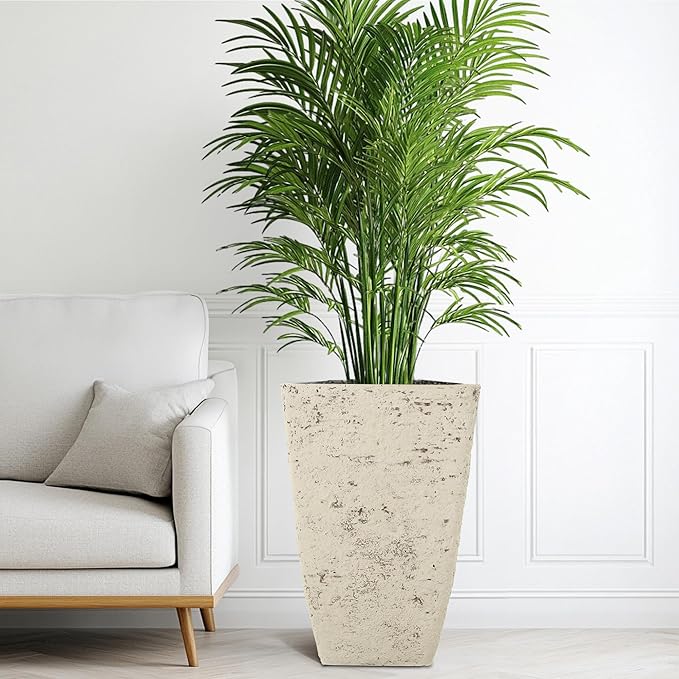19" Plant Pots Tall Planters for Plants Outdoor Set of 2 Large Square Flower Pots Indoor Front Porch Decor Garden Pot with Drainage Hole Handmade Birch Bark Texture for Patio, Country White