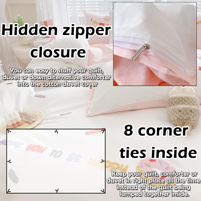 MorroMorn Twin Duvet Cover Cotton, 3D Embroidery Twin Bedding Sets, Cute Chenille Embroidered Comforter Covers Summer Blanket Soft Breathable for Girls Kids Teen Preppy (Donut White, Twin/Twin XL)